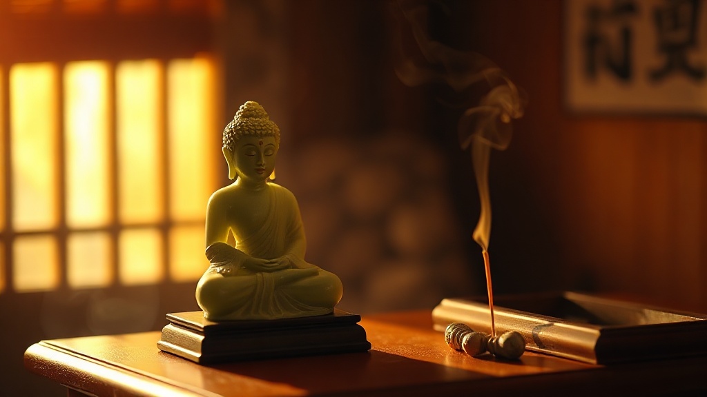 Carved jade Buddha seated in dhyana mudra on a simple wooden altar with incense smoke