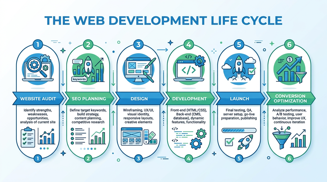 Corporate Website Redesign Checklist for Better Leads 2 A modern infographic-style process flow showing website audit, SEO planning, design, development, launch, and conversion o...