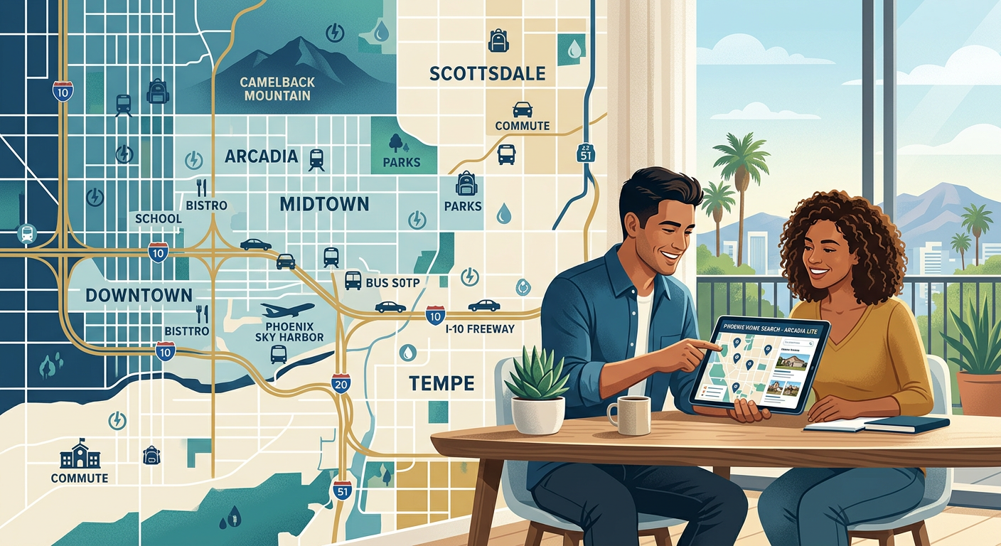 Clean, modern editorial-style illustration of a Phoenix neighborhood map with a couple reviewing home options on a tablet,...