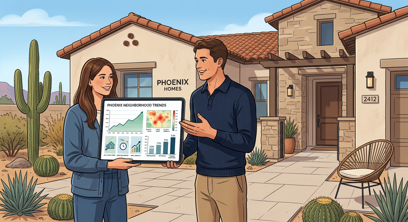 Modern data-inspired illustration of a Phoenix homebuyer and seller reviewing a neighborhood trend chart on a tablet besid...