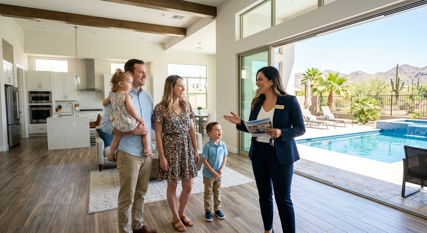Photorealistic mid-content scene of a Phoenix real estate agent showing a growing family a larger suburban home with open ...