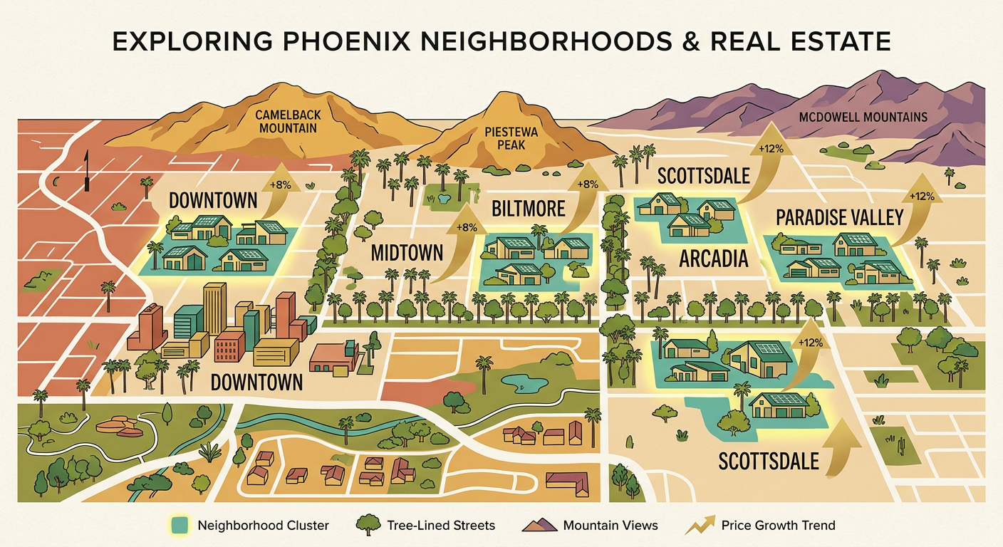 A modern illustrated map-style scene of Phoenix neighborhoods with highlighted home clusters, tree-lined streets, mountain...