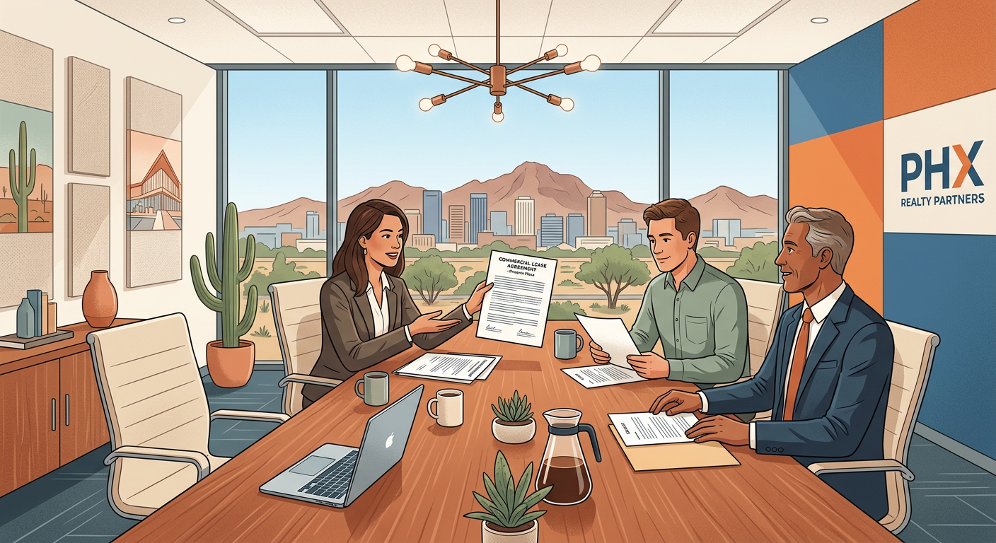 Commercial Tenant Representation Phoenix: A Smart Leasing Guide Modern editorial-style illustration of a commercial lease negotiation in a Phoenix conference room, with a broker, busines...