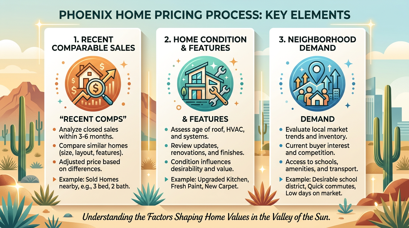 How Much Can I Sell My House for in Phoenix? Clean modern infographic-style visual showing a Phoenix home pricing process with three clear elements, recent comparable ...