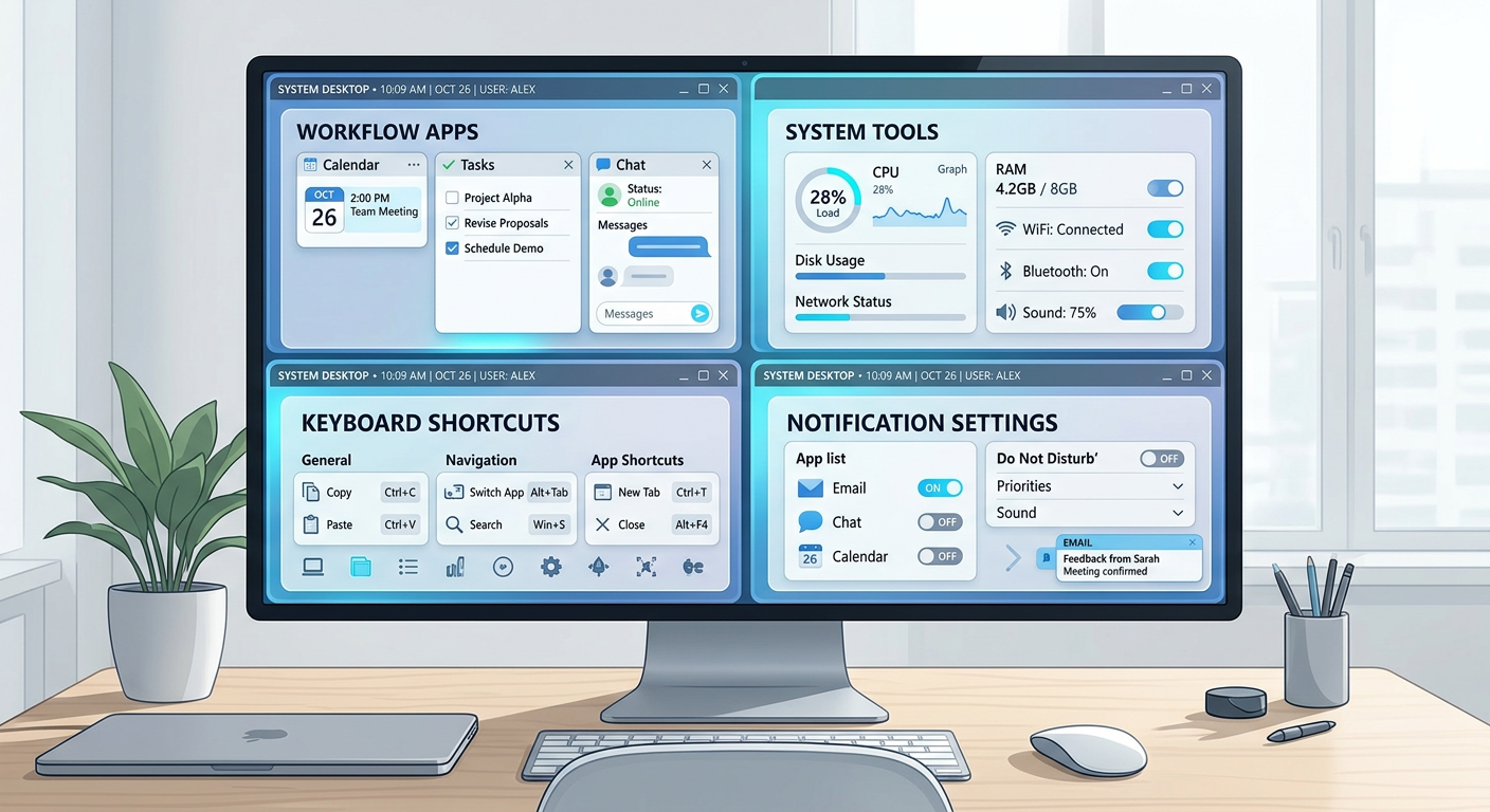 A split-screen style desktop scene showing organized app windows, keyboard shortcuts, notification settings, and system to...