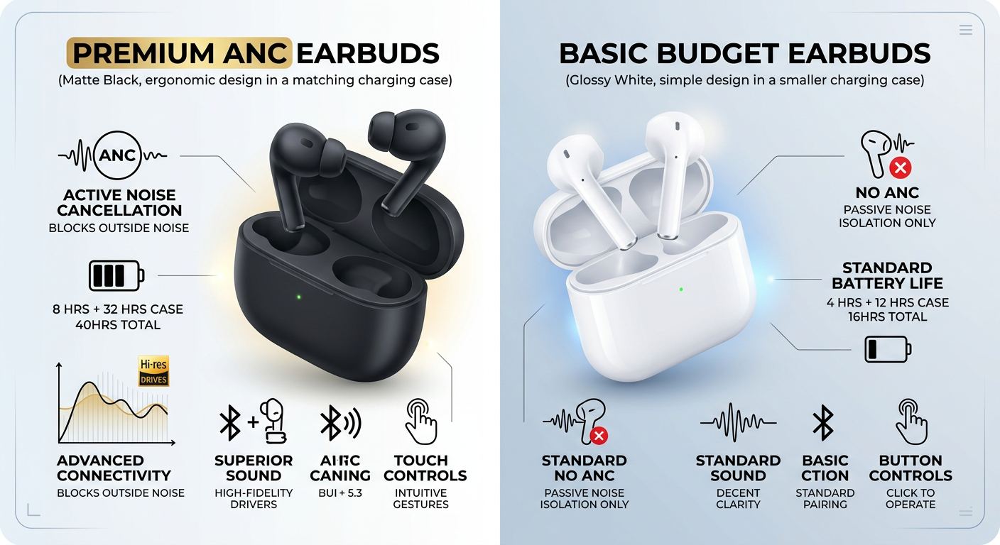 A clean modern illustration of two sets of wireless earbuds side by side, one showing premium features like ANC and long b...