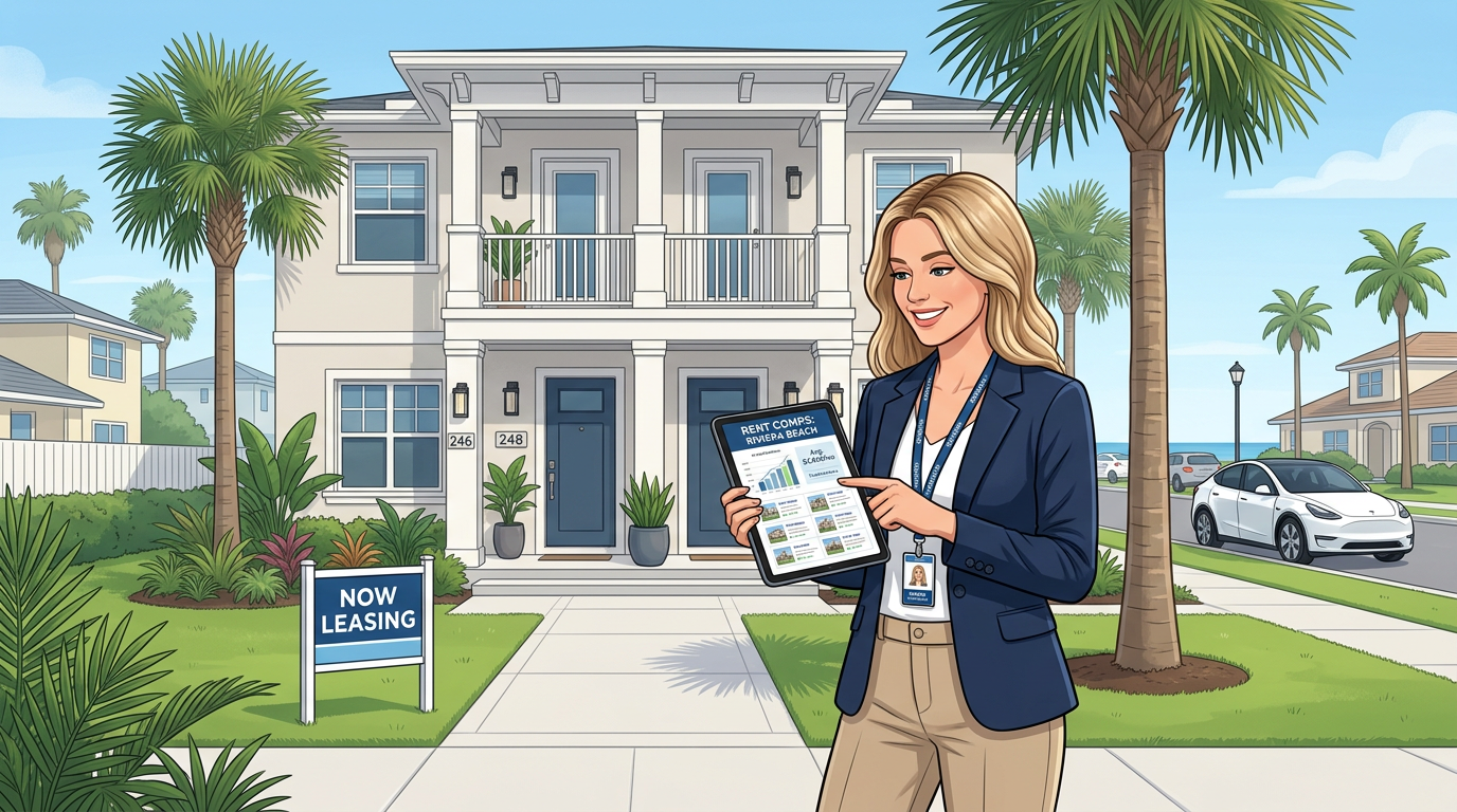 A modern illustrative scene of a property manager reviewing rent comps with a tablet while standing outside a well-maintai...