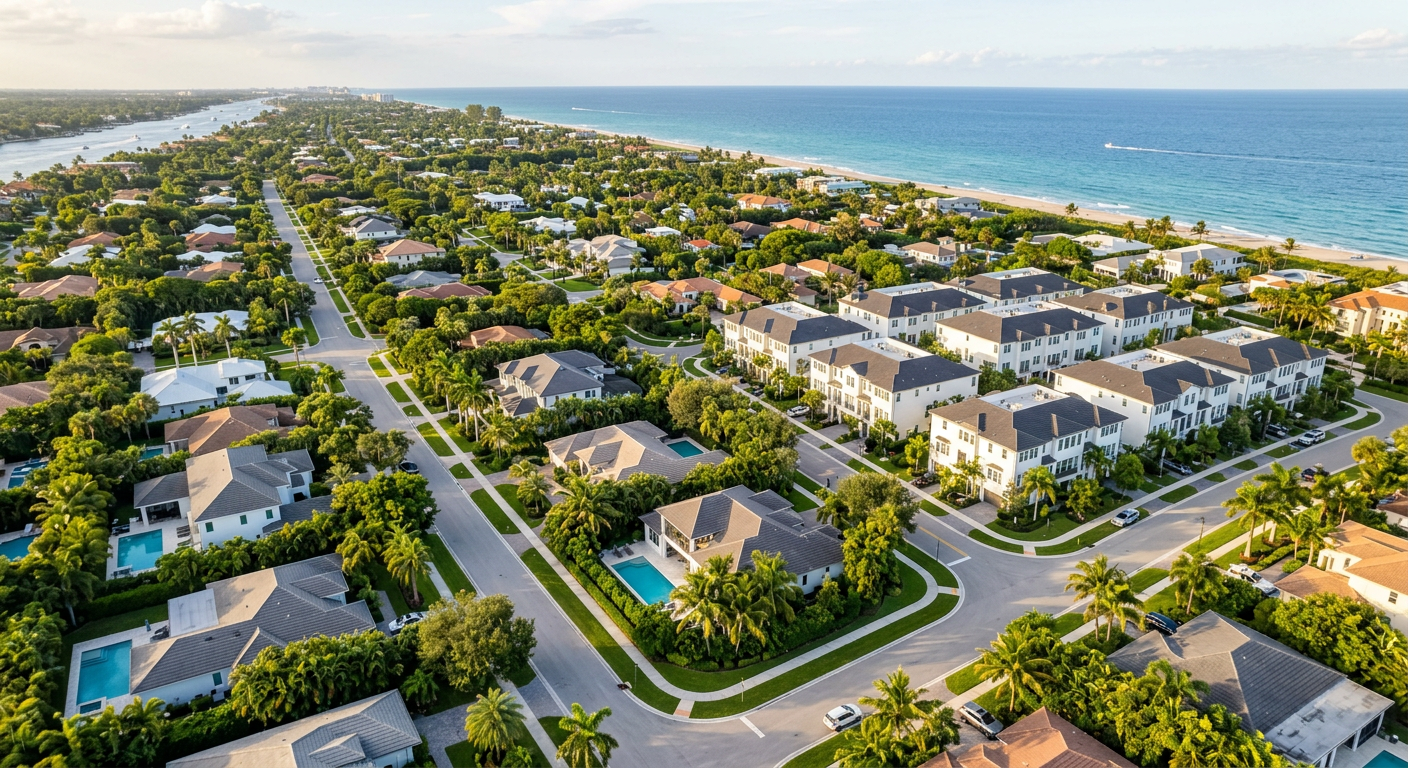 Modern aerial view of Boynton Beach residential streets near the coast, showing a blend of single-family homes, townhomes,...
