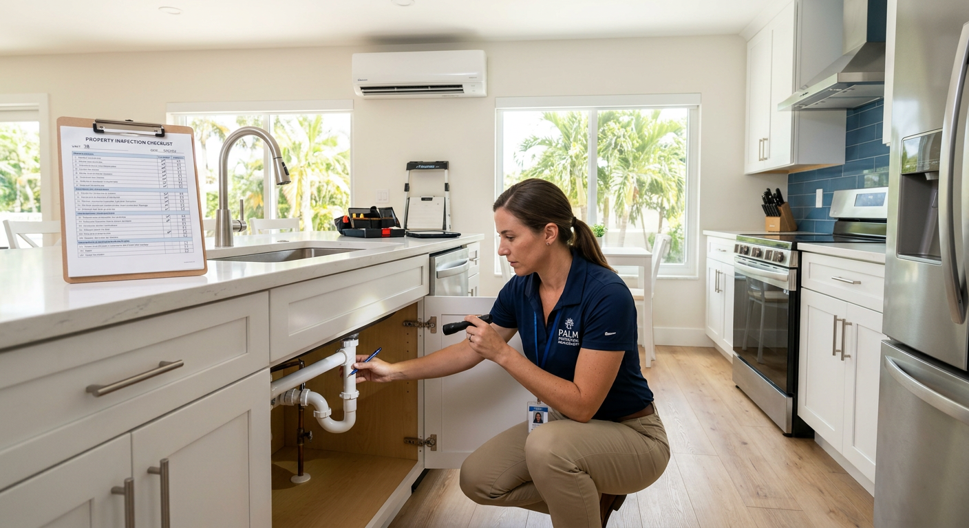 Modern photorealistic interior scene of a property manager checking an air conditioner, inspecting a sink under a cabinet,...