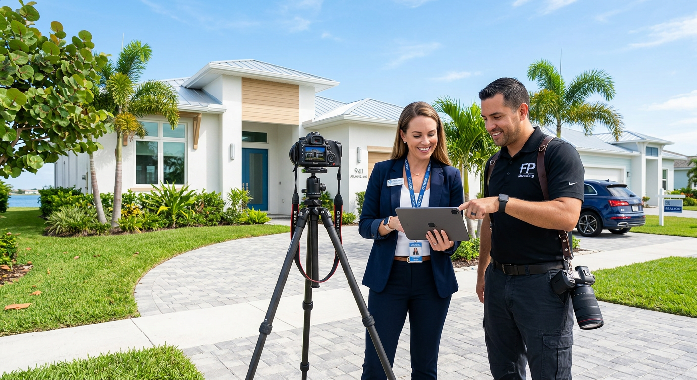 Modern real estate marketing scene with a Fort Pierce home exterior being photographed for a listing, agent and photograph...