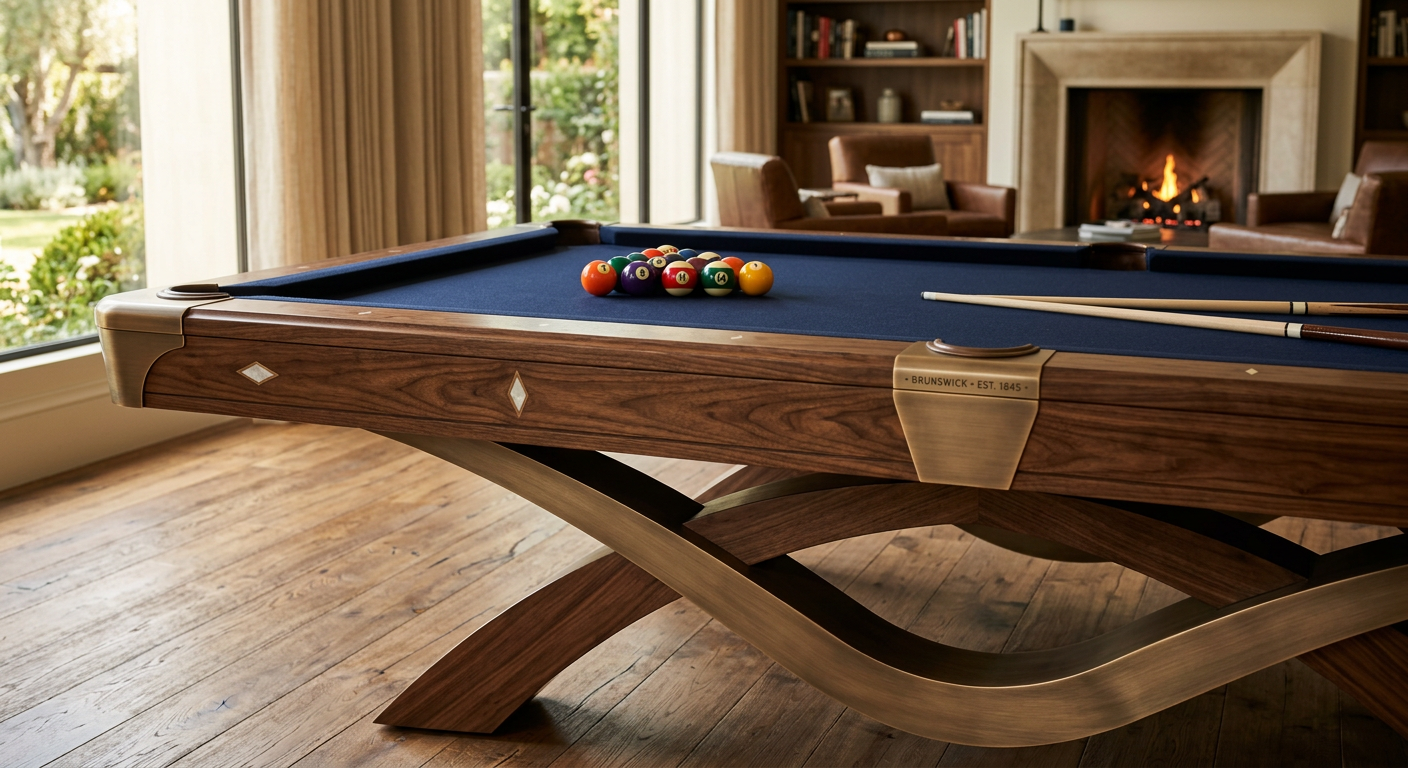 Photorealistic close-up of a luxury pool table with sculptural base, custom wood grain, brushed bronze detailing, and prem...