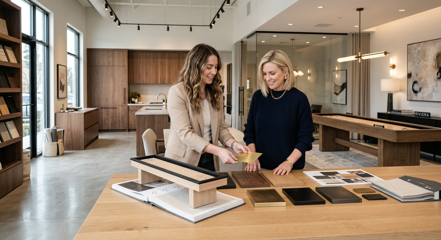 Photorealistic in-content image of a designer and homeowner reviewing wood samples, metal finishes, and a shuffleboard tab...