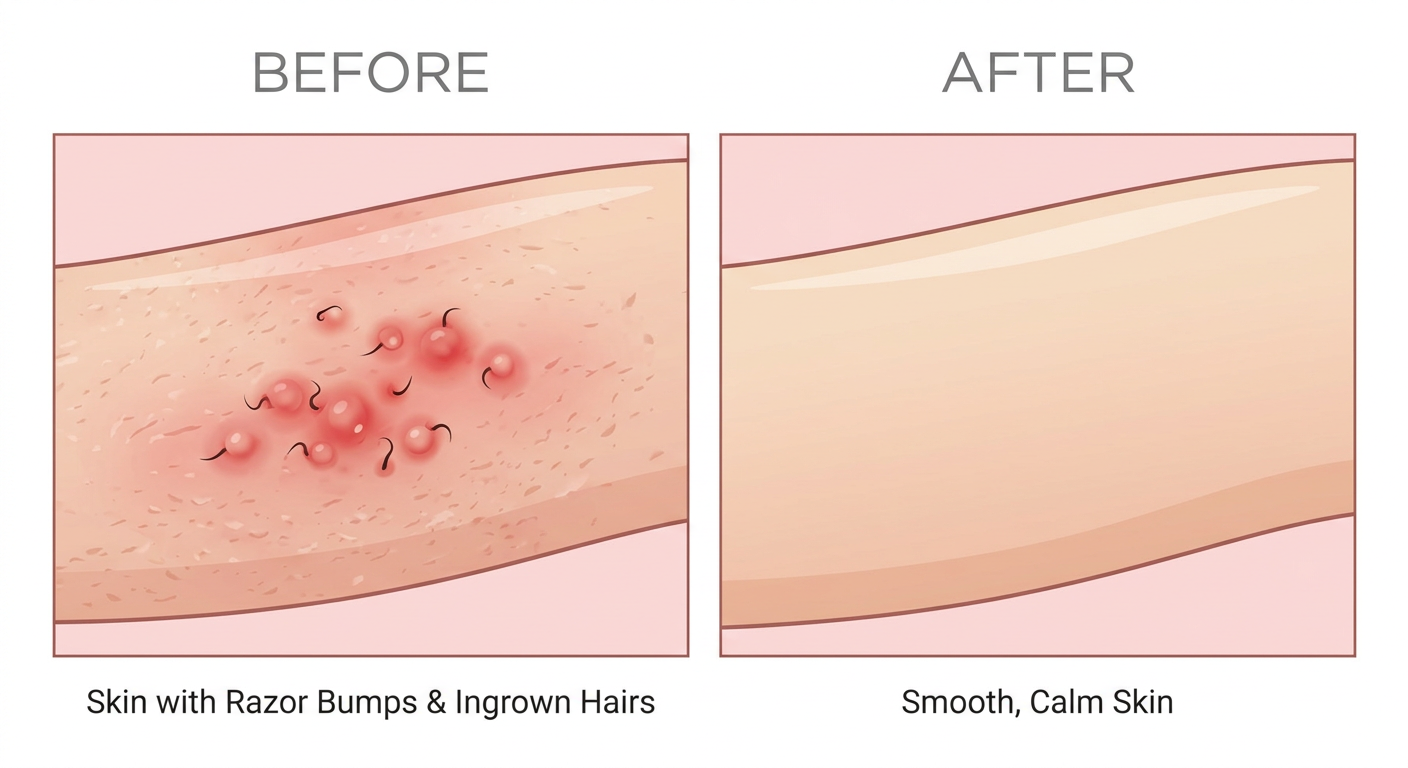 Detailed before-and-after style illustration showing irritated skin with red ingrown bumps on one side and smooth, calm sk...