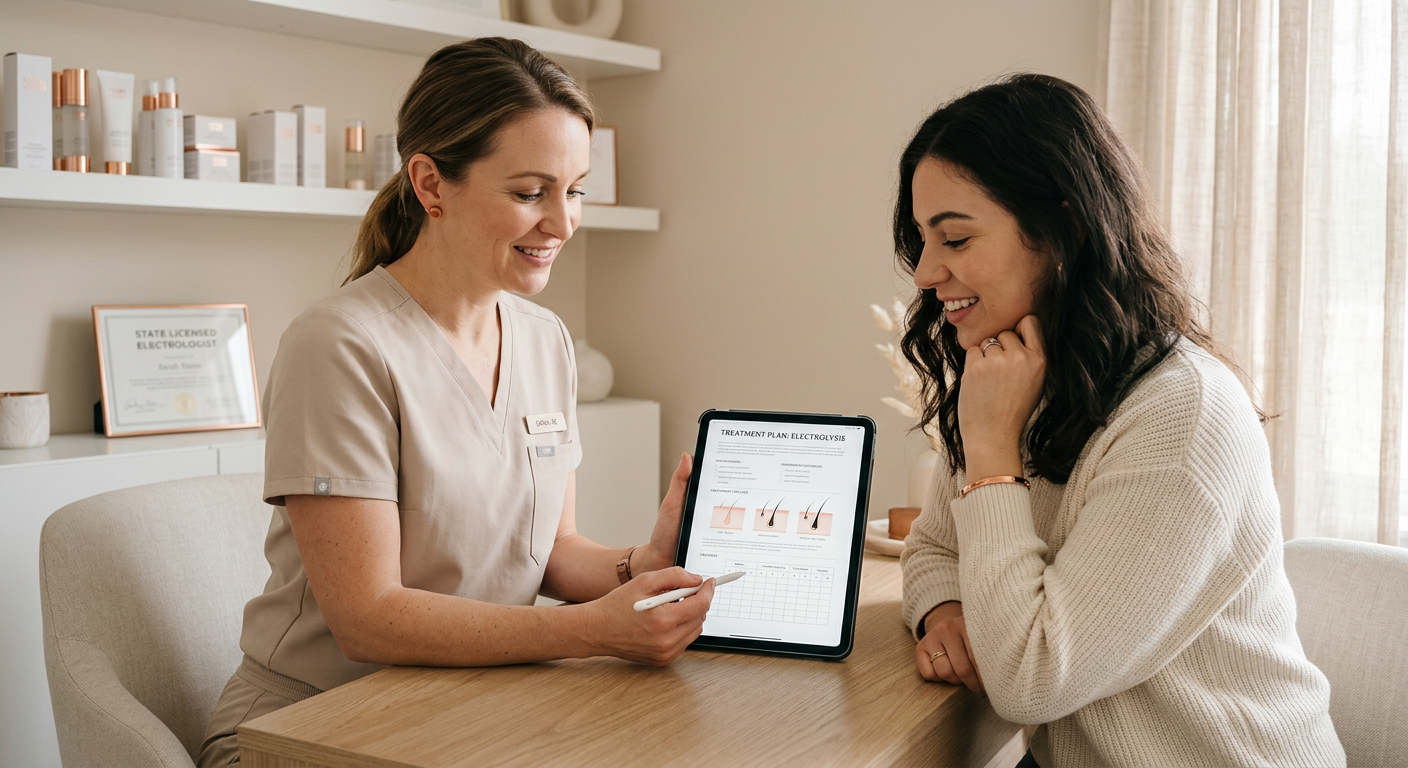 Electrolysis Hair Removal Cost In The Valley: What To Know | Electrolysis Permanent Hair Removal in Phoenix | Senza Pelo Med Spa Close-up photorealistic image of a consultation moment between a compassionate electrologist and a client reviewing treatm...