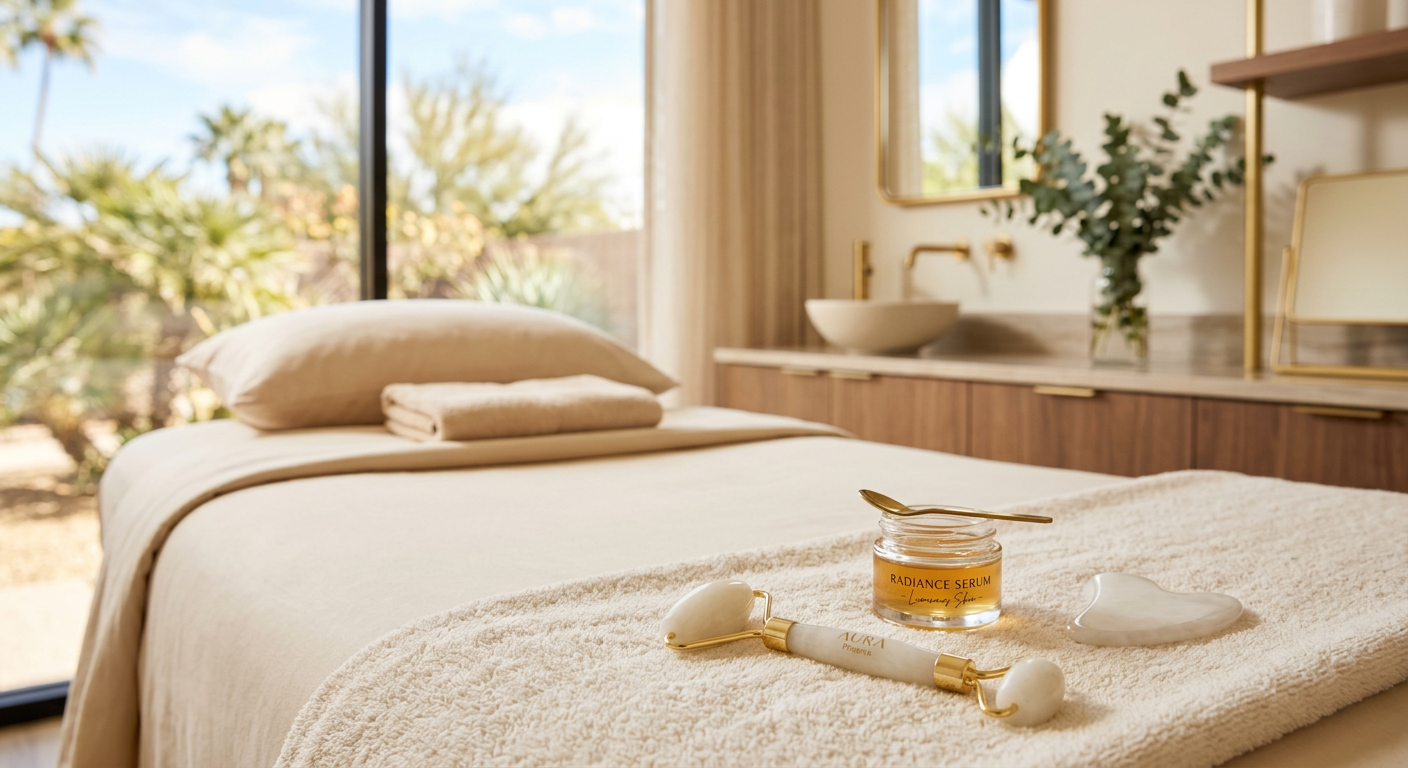 Laser Hair Removal For Dark Skin Phoenix: What To Know | Electrolysis Permanent Hair Removal in Phoenix | Senza Pelo Med Spa Clean close-up of smooth skin care tools and a calm med spa treatment bed in a bright Phoenix setting, warm beige and soft...