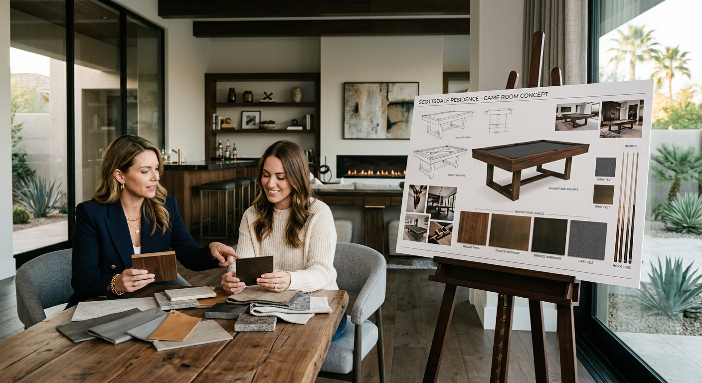 Elegant interior scene with a designer and homeowner reviewing finish samples beside a custom pool table concept board, mo...