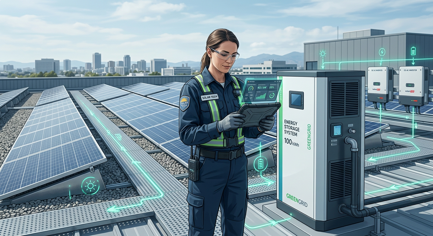 Modern illustrative scene of a technician reviewing a tablet while standing beside rooftop solar equipment and battery sto...