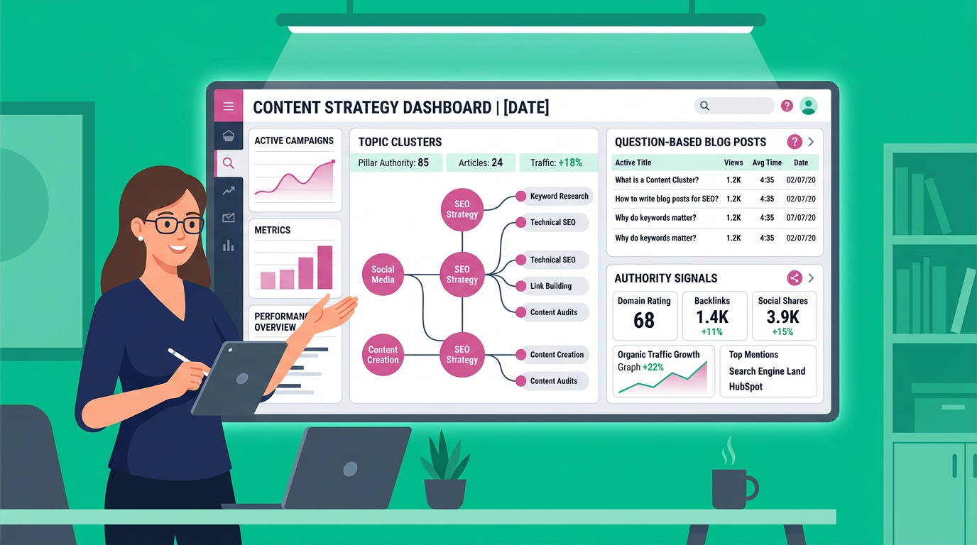 A modern content strategy dashboard shown as a clean flat illustration, one marketer reviewing topic clusters, question-ba...