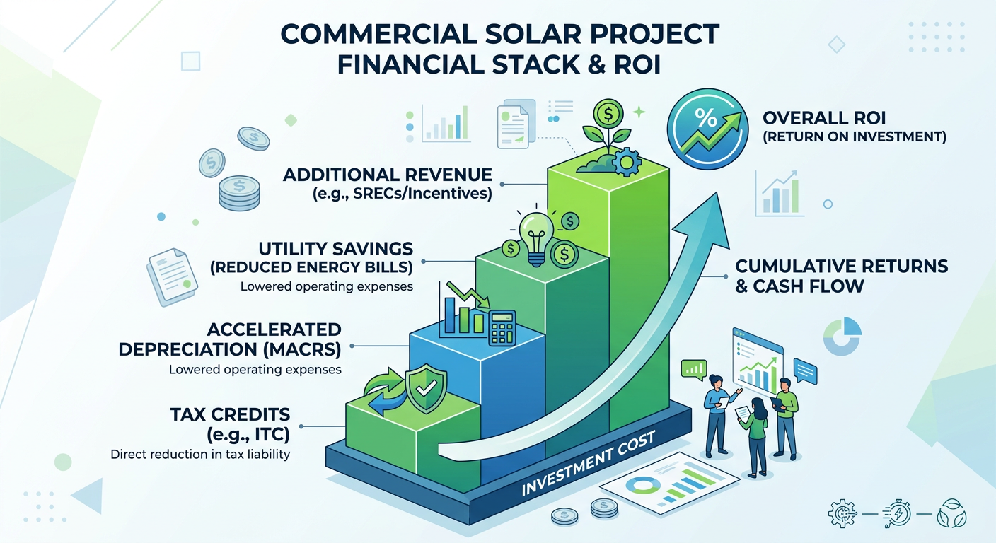 Independent Solar | Commercial Solar Tax Incentives Nevada: What Businesses Need To Know Clean infographic-style in-content image showing a commercial solar project financial stack with labeled elements like tax...