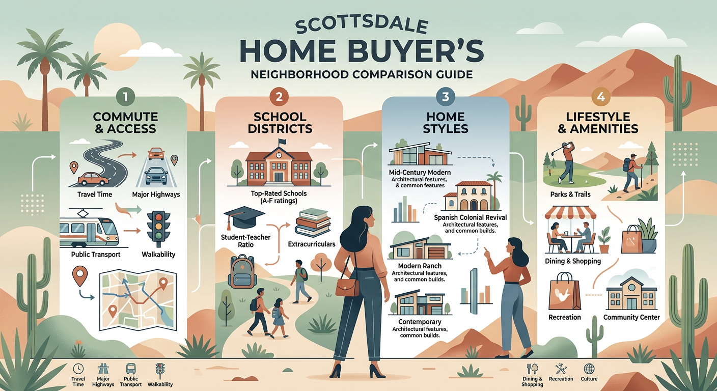 Modern infographic-style illustration showing a Scottsdale home buyer comparing neighborhood factors like commute, schools...
