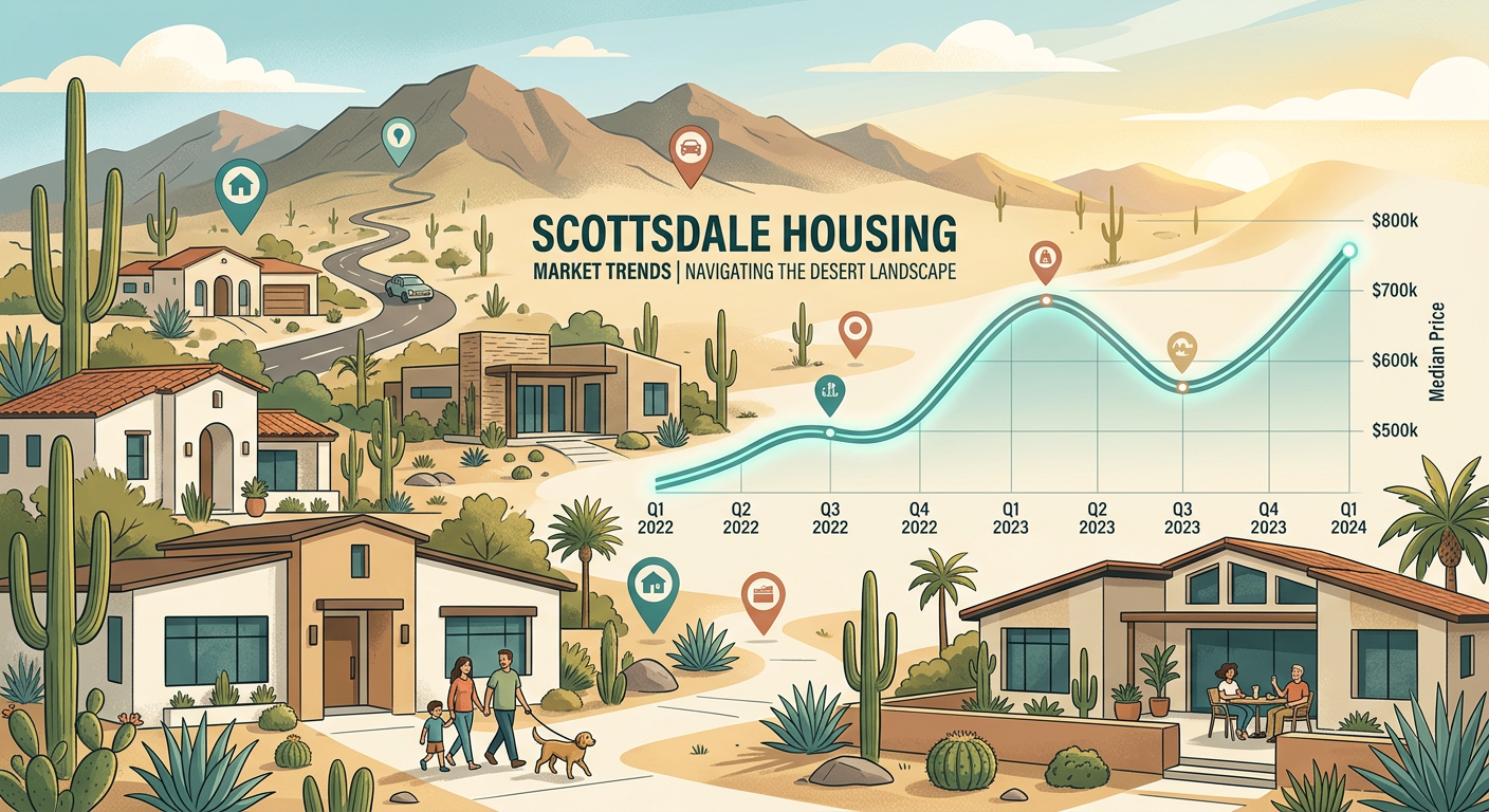Modern editorial-style illustration of Scottsdale housing market trends with a line chart rising and falling beside desert...
