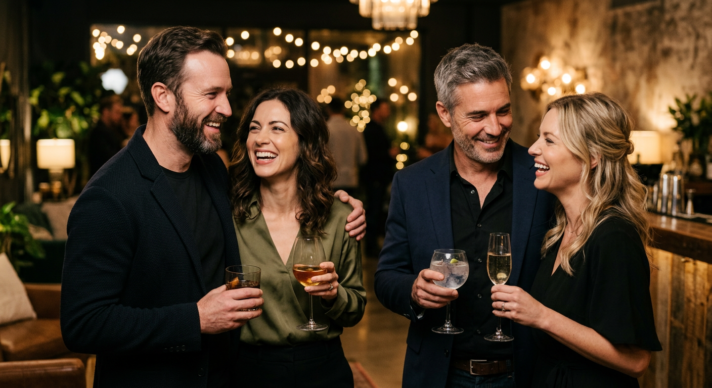 Photorealistic candid close-up of two adult couples exchanging warm smiles and holding drinks at a stylish private gatheri...