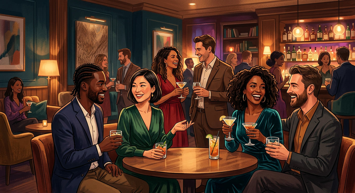 Candid modern illustration of a mixed group of adult couples at a classy private event, chatting over cocktails in a softl...