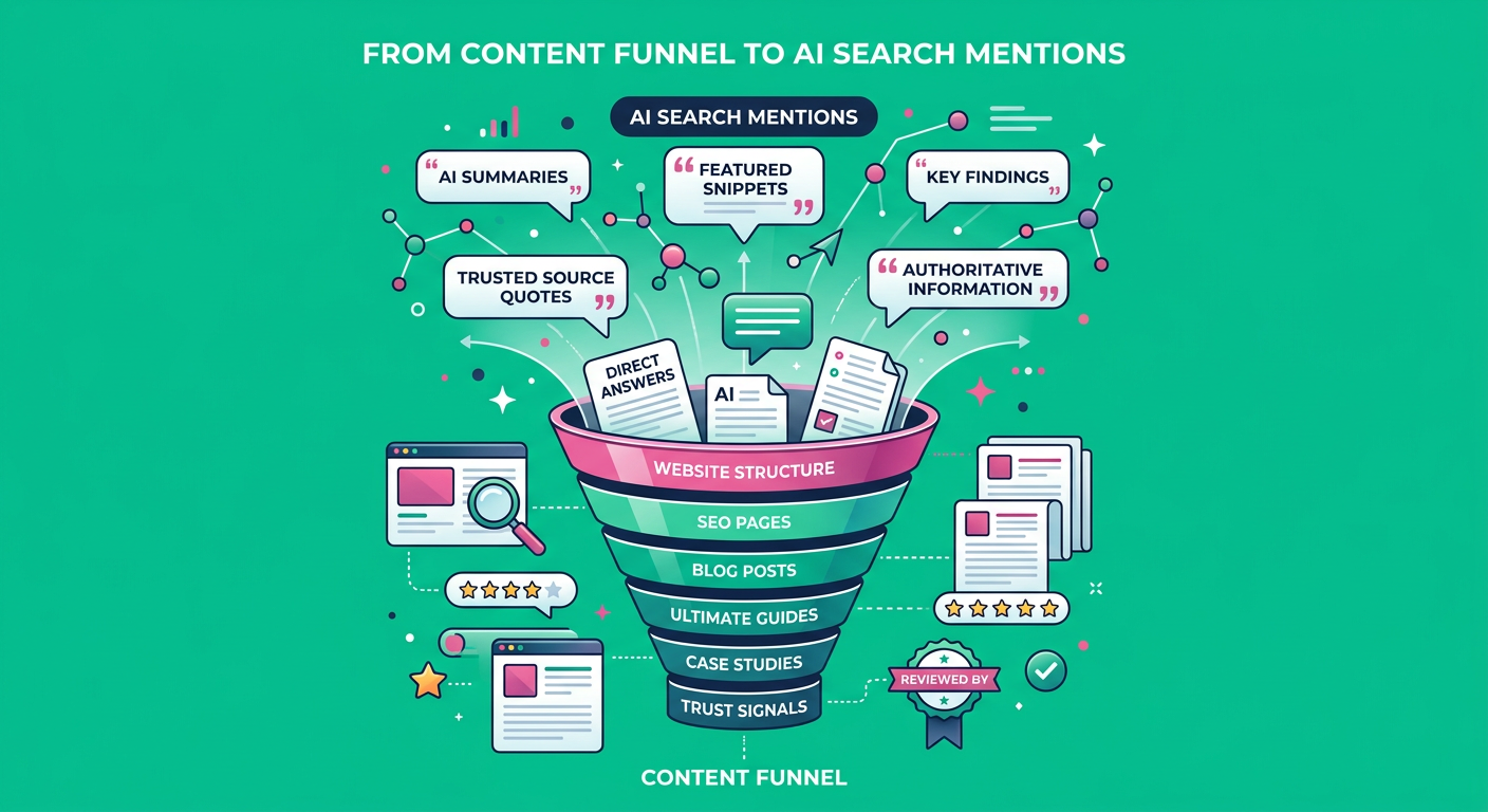 Infographic-style editorial illustration of a content funnel turning into AI search mentions, showing a website, blog post...