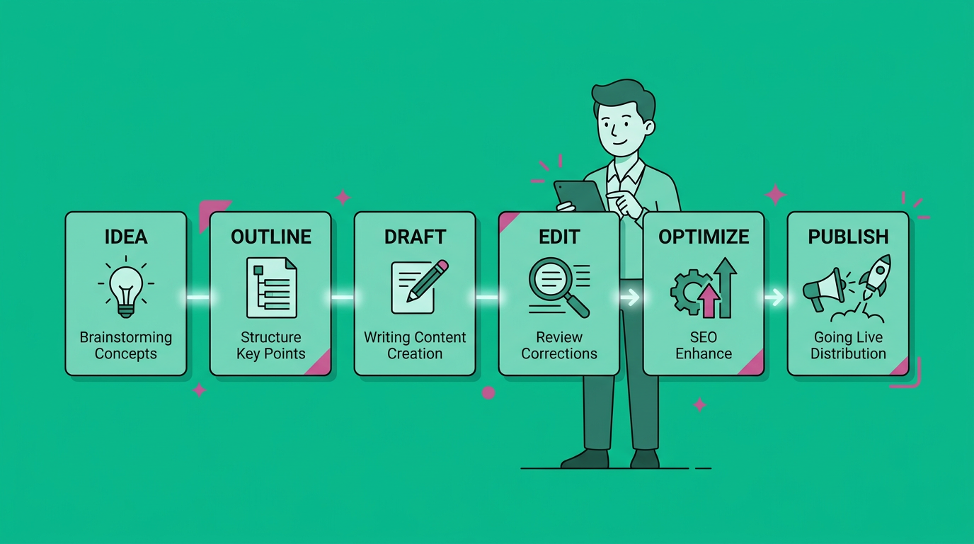 Flat modern illustration of a content workflow moving from idea, outline, draft, edit, optimize, and publish, shown as cle...