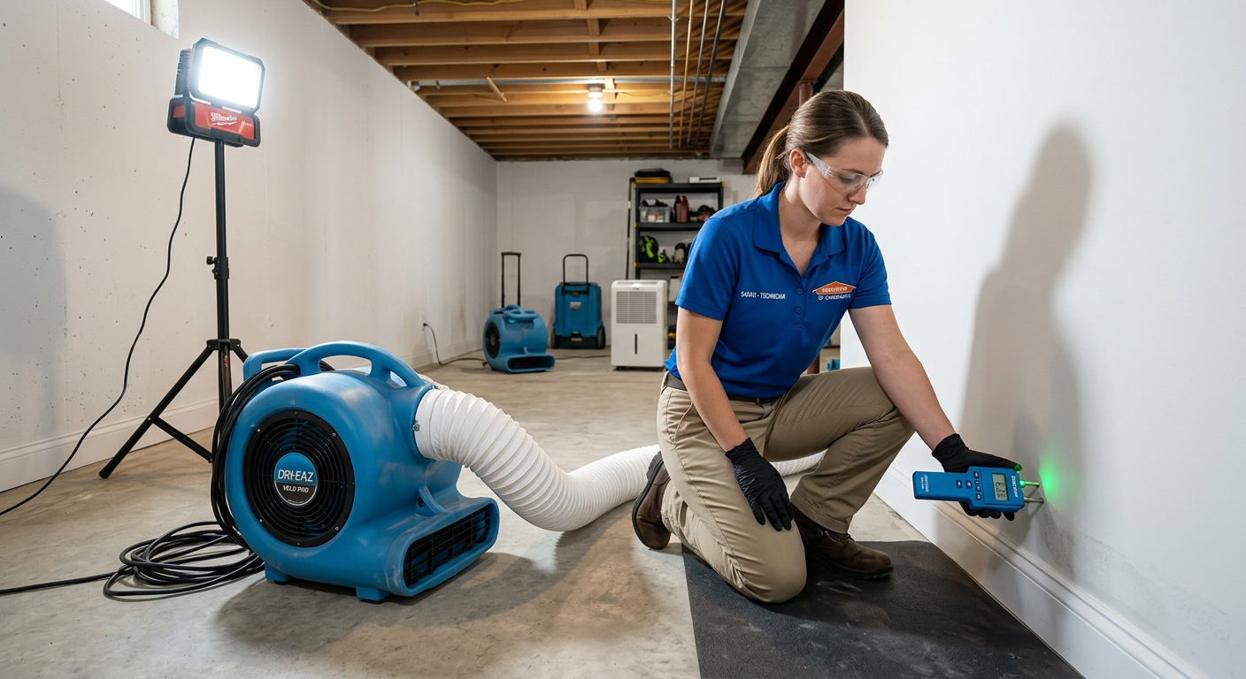 Modern photorealistic in-content image of a restoration technician using an air mover and moisture meter inside a Carbonda...