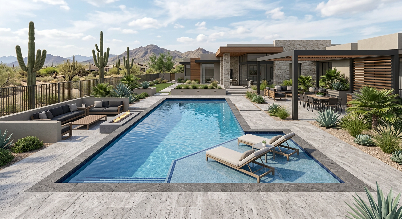 How to Build a Custom Spool for Luxury Arizona Backyards Modern 3D concept rendering of a luxury spool layout in a Scottsdale backyard, showing seating, waterline tile, tanning le...