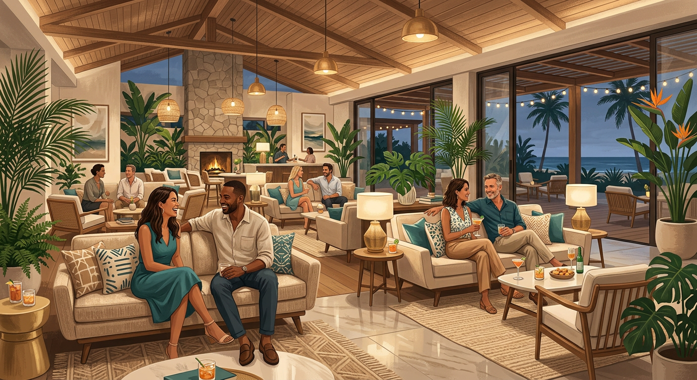 A stylish lobby lounge at an adult-friendly tropical resort with couples chatting on sofas, soft ambient lighting, neutral...