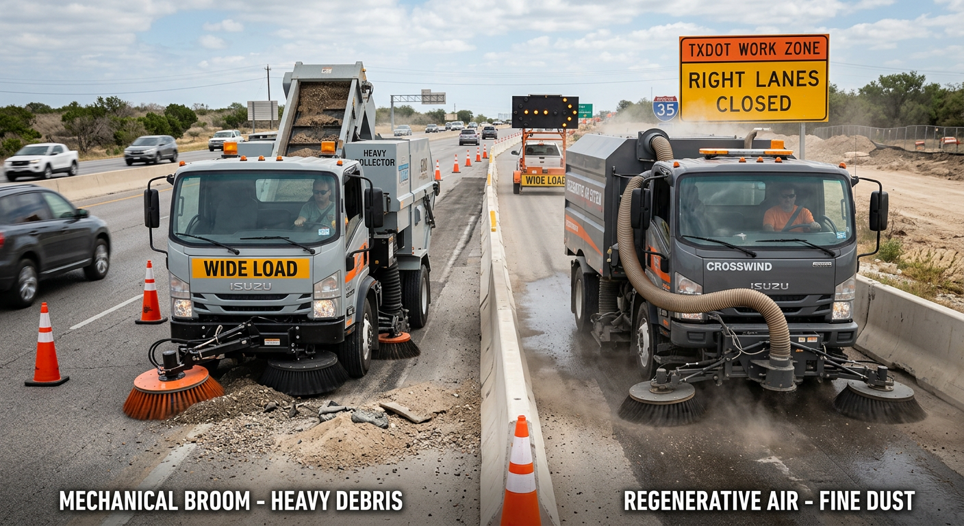 Photorealistic mid-scene of two street sweeper types operating side by side on a Texas highway work zone, one mechanical b...