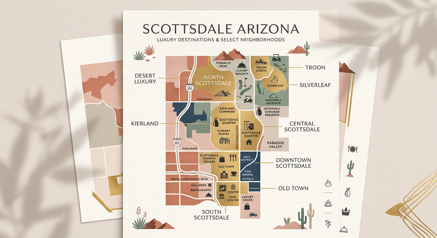 Modern editorial illustration of a Scottsdale map with highlighted luxury areas, subtle desert colors, elegant neighborhoo...