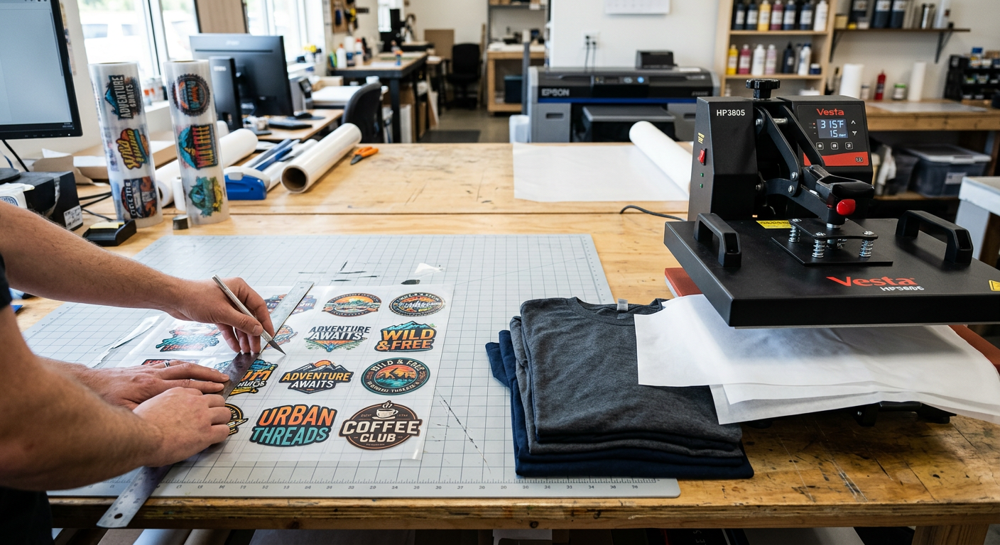 A close-up photorealistic overhead view of a DTF gang sheet being trimmed into individual designs beside a heat press and ...
