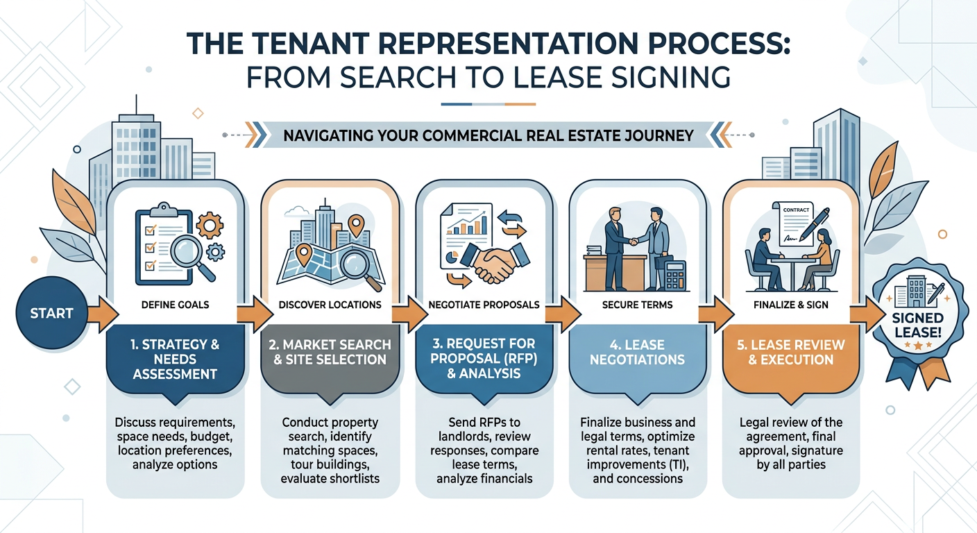 Arizona Tenant Representation Services for Smart Leasing A clean, modern infographic-style illustration showing the tenant representation process from search to negotiation to sig...