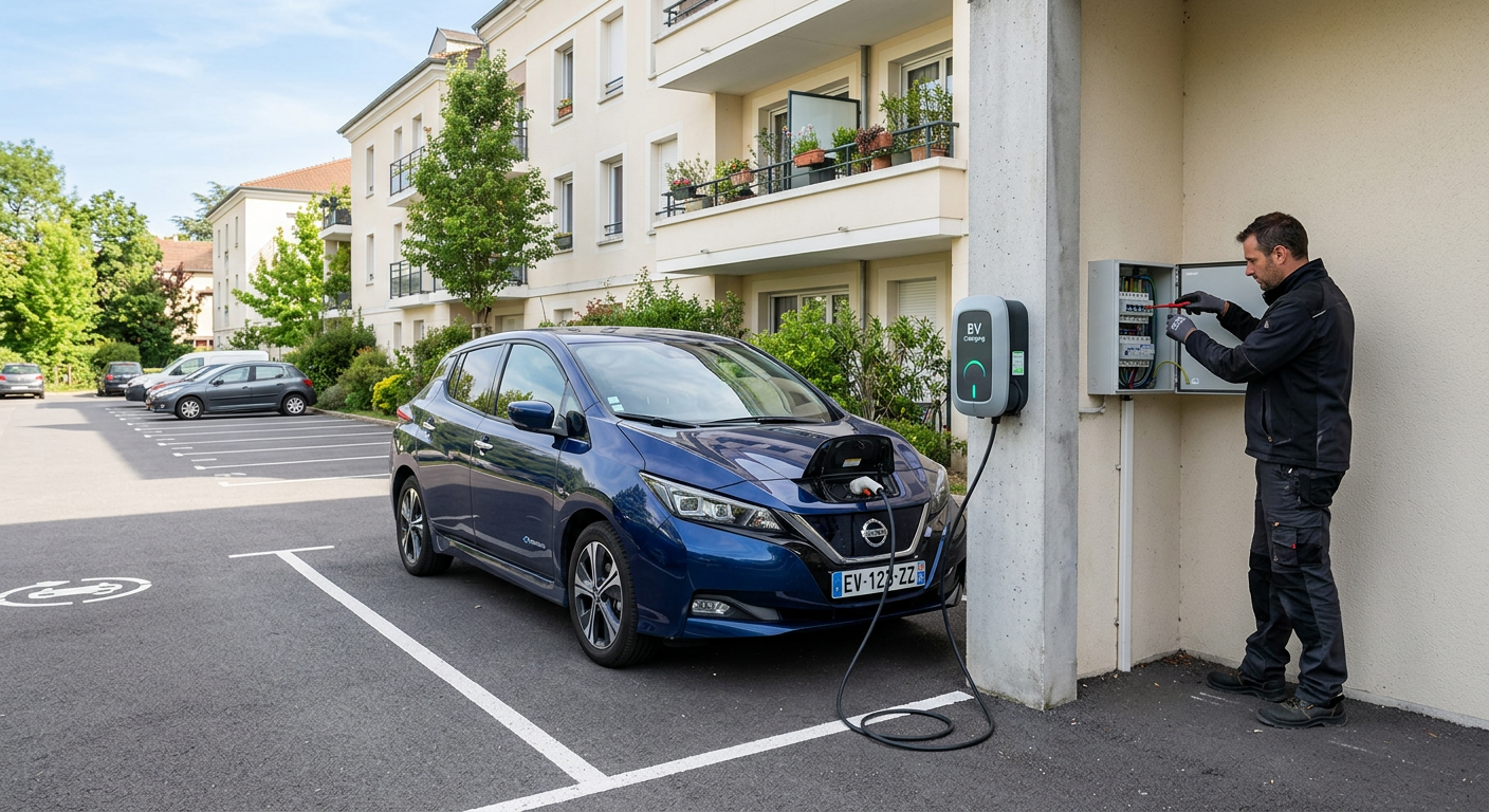 Borne de recharge électrique IRVE installée dans un parking résidentiel avec un véhicule en cours de charge et un installateur professionnel vérifiant l'installation.