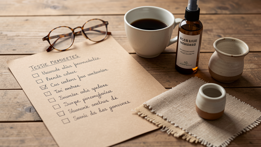 Checklist de critères de test pour le social commerce sur une table en bois, avec échantillons de produits et café
