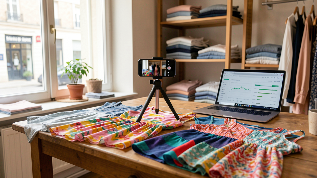 Boutique de prêt-à-porter français préparant un shooting vidéo pour TikTok Shop, avec smartphone sur trépied et vêtements disposés à plat