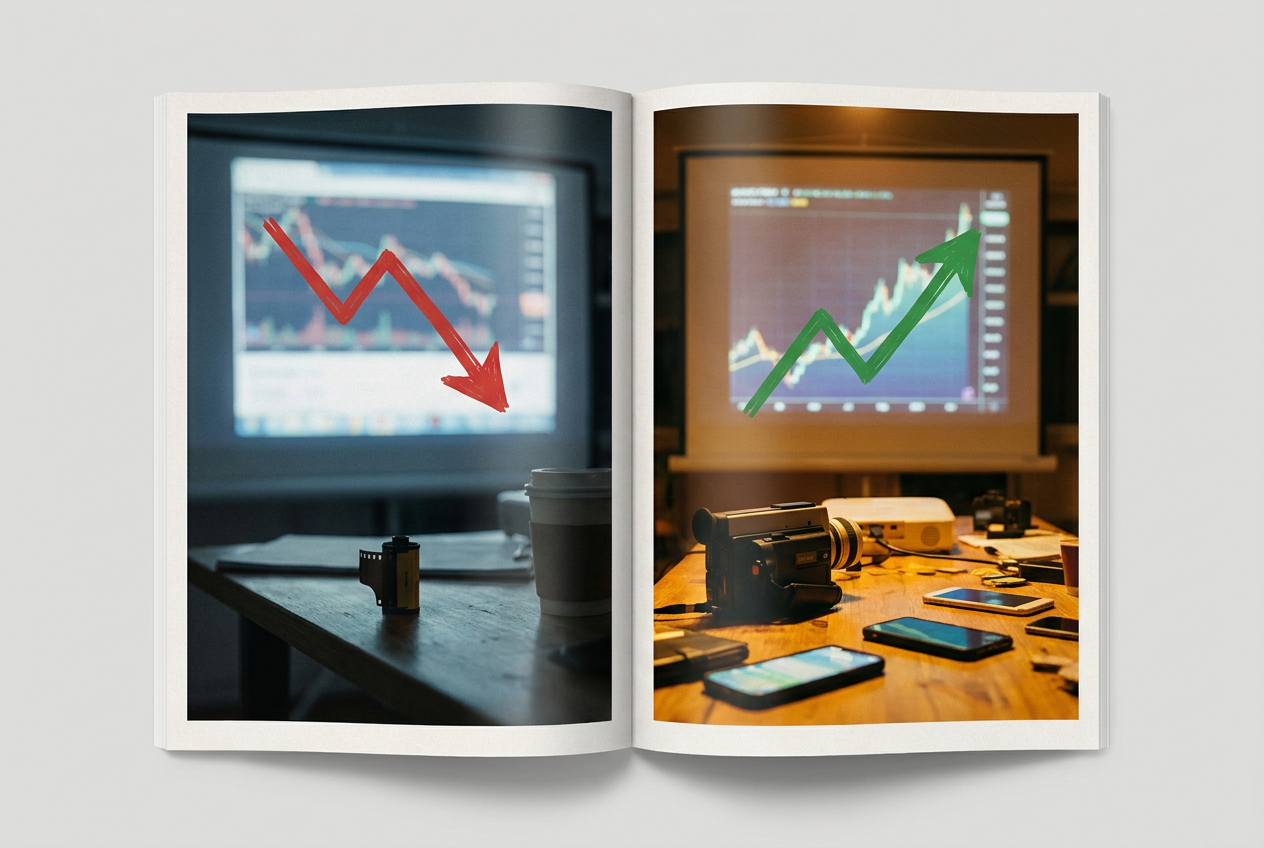 A split-screen visualization showing declining music streaming graphs on the left side with a red downward arrow, and rising video creation metrics on the right side with a green upward arrow. The background transitions from dark and cold tones on the left to warm, vibrant tones on the right.