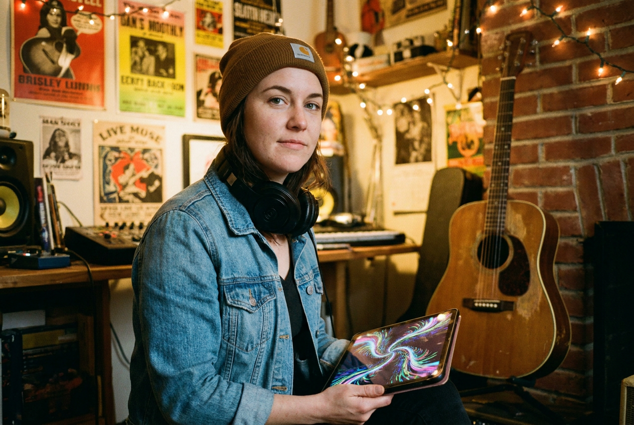 An independent musician in a home studio, wearing headphones around their neck, looking at a tablet displaying a colorful AI-generated music video scene with abstract flowing visuals. A guitar leans against the wall behind them. The room has warm, cozy lighting with fairy lights and posters on the wall. The mood is creative and empowered.