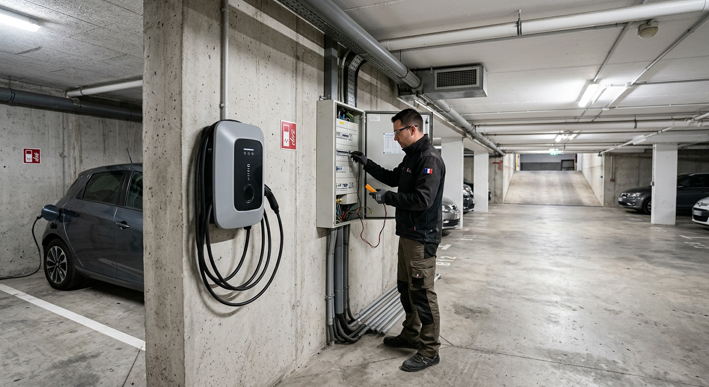 Borne de recharge électrique IRVE installée dans un parking souterrain de copropriété avec un installateur certifié en inspection.