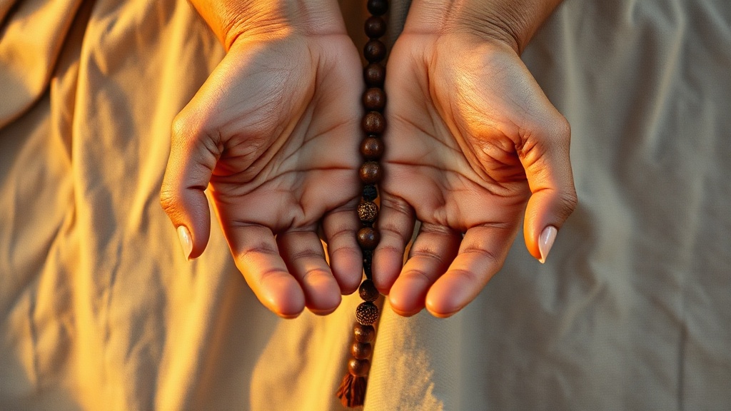 Mains tenant un mala en bois lors d'une séance de méditation avec mantra