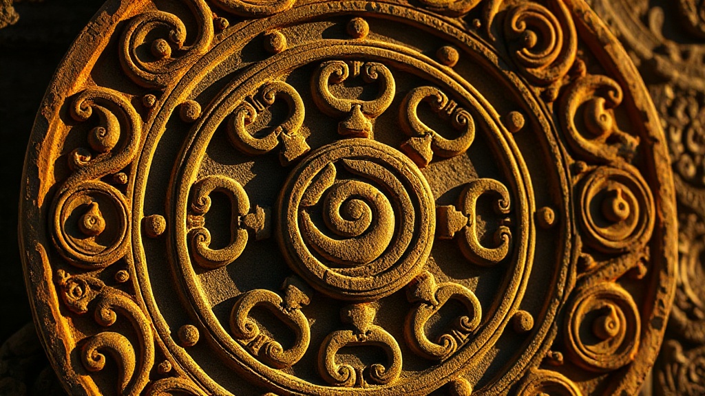 Détail sculpté du Dharmachakra sur une paroi de temple, huit rayons et moyeu central visible