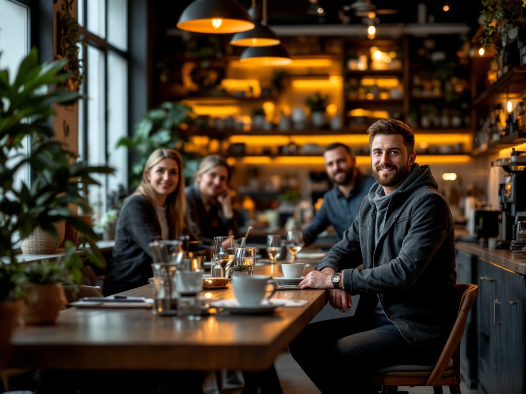 Arbeitsatmosphäre im Café Lichtblick – ruhige Ecken und warmes Licht für produktives Arbeiten mit dem Laptop