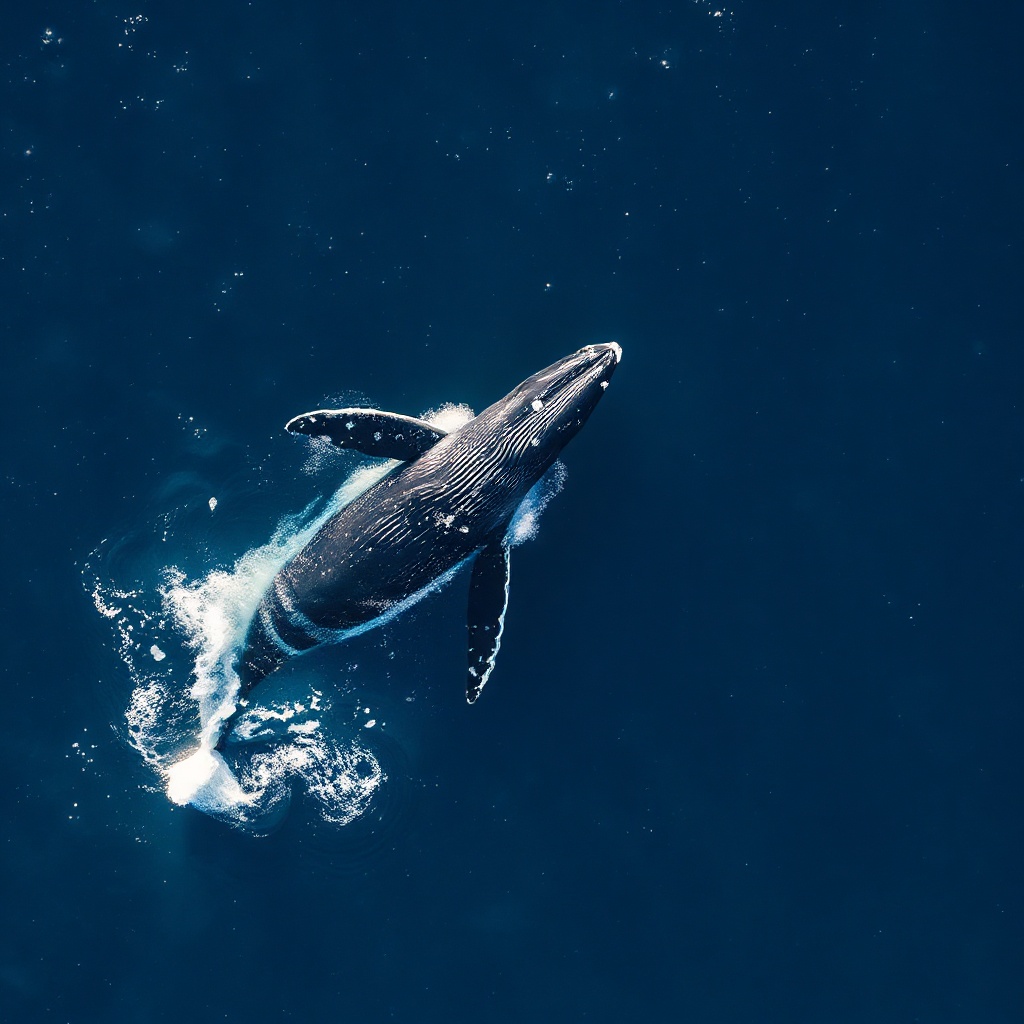 an aerial shot of a humpback whale breaching against deep blue ocean