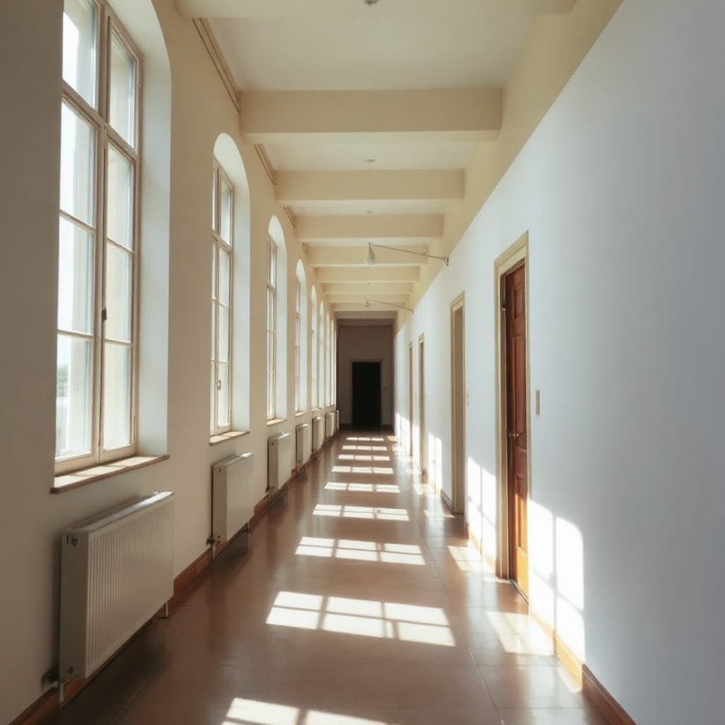 A long hallway with sunlight slipping through tall windows