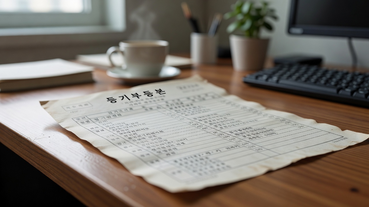 close-up of a printed real estate registry document on a wooden desk