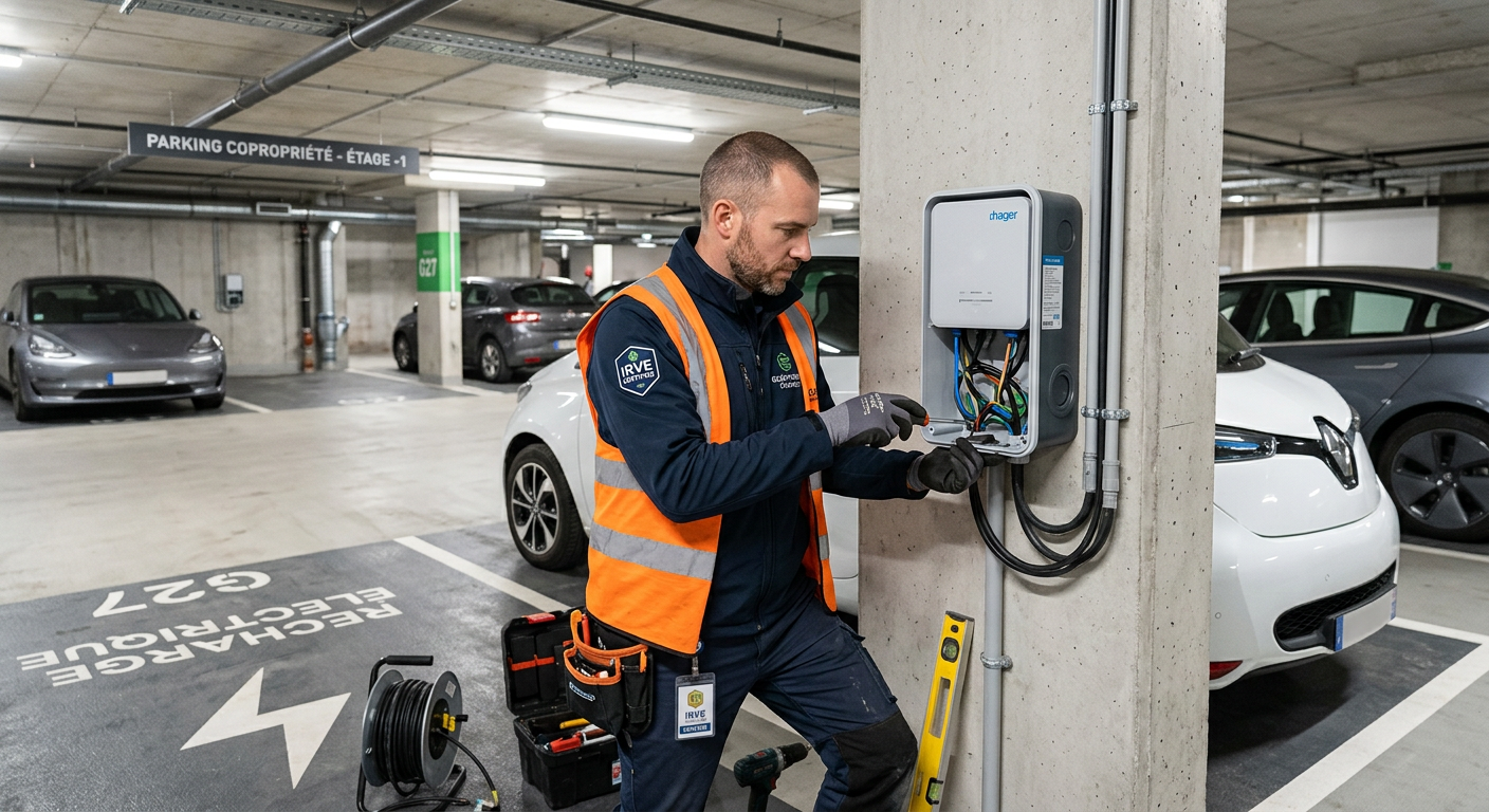 Installateur IRVE certifié installant une borne de recharge électrique dans un parking de copropriété en journée