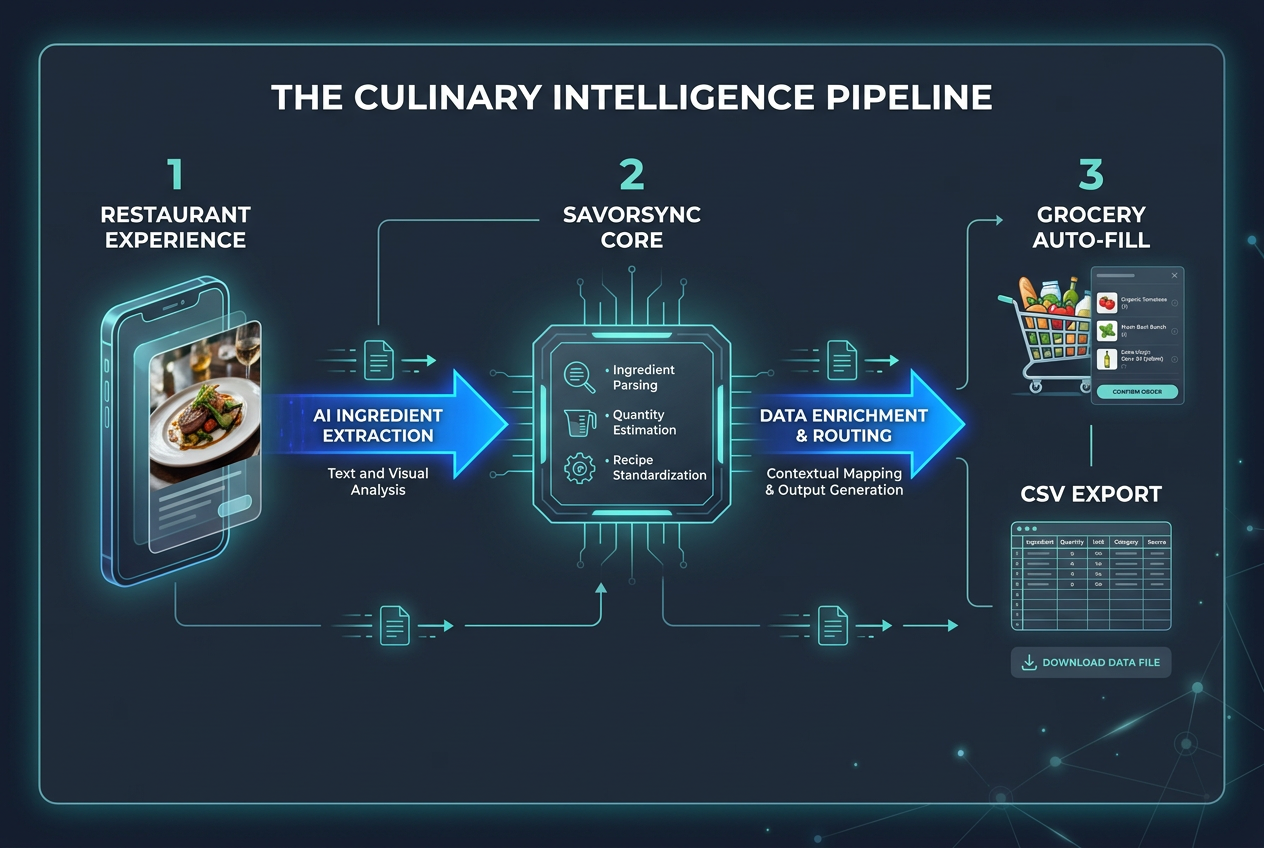 A flow diagram showing the SavorSync AI pipeline, converting restaurant meal logs into automated grocery lists and CSV exports for foodies.
